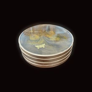 NWOT Handmade Mica Resin Coasters. Set of 4. Gold glitter with butterfly